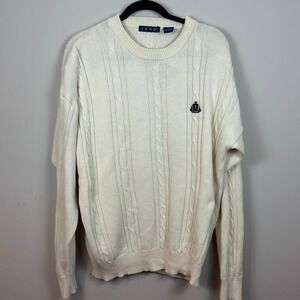 Izod Mens Beige Cable Knit 100% Cotton Fishermans Sweater SZ Medium‎ Academia